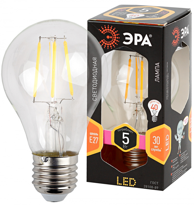 Лампа светодиодная ЭРА F-LED A60-5w-827-E27