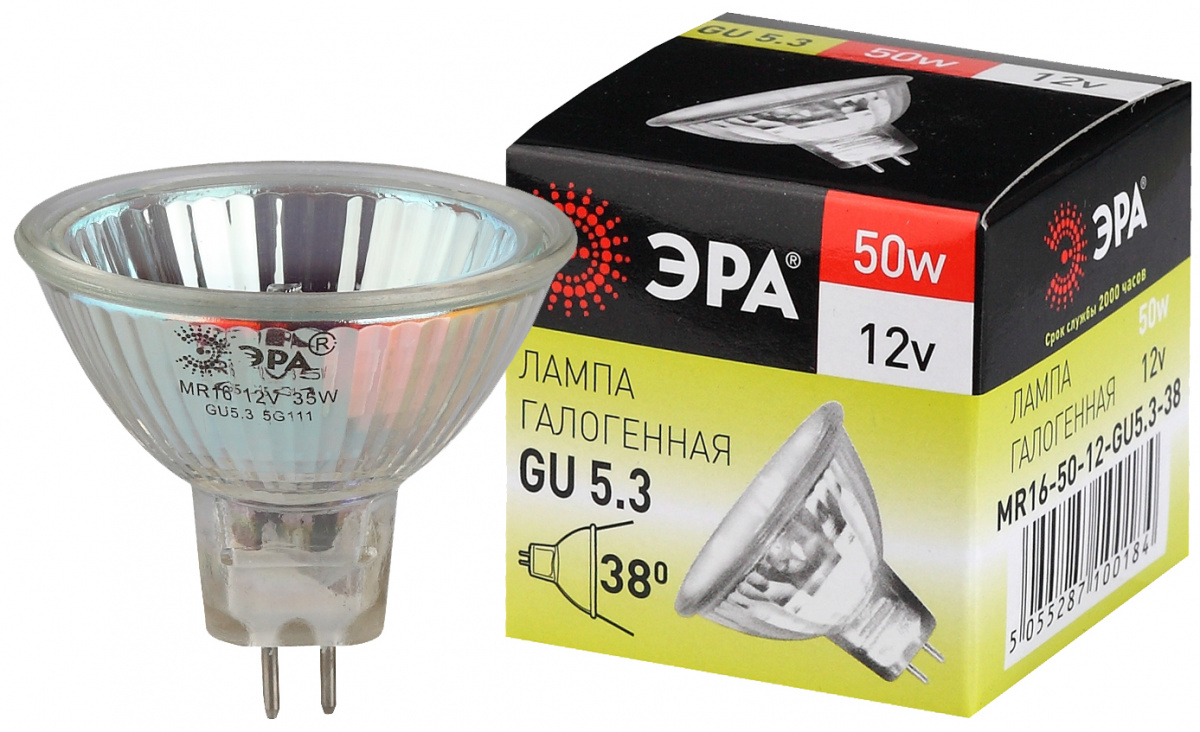 Лампа галогенная ЭРА GU5.3-MR16-50W-12V