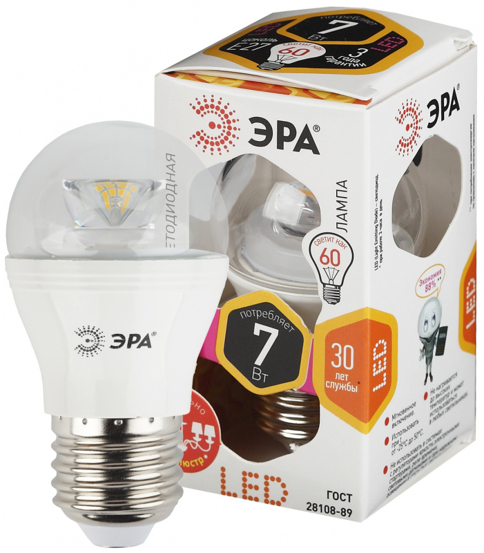 Лампа светодиодная ЭРА LED smd P45-7-827-E27-Clear